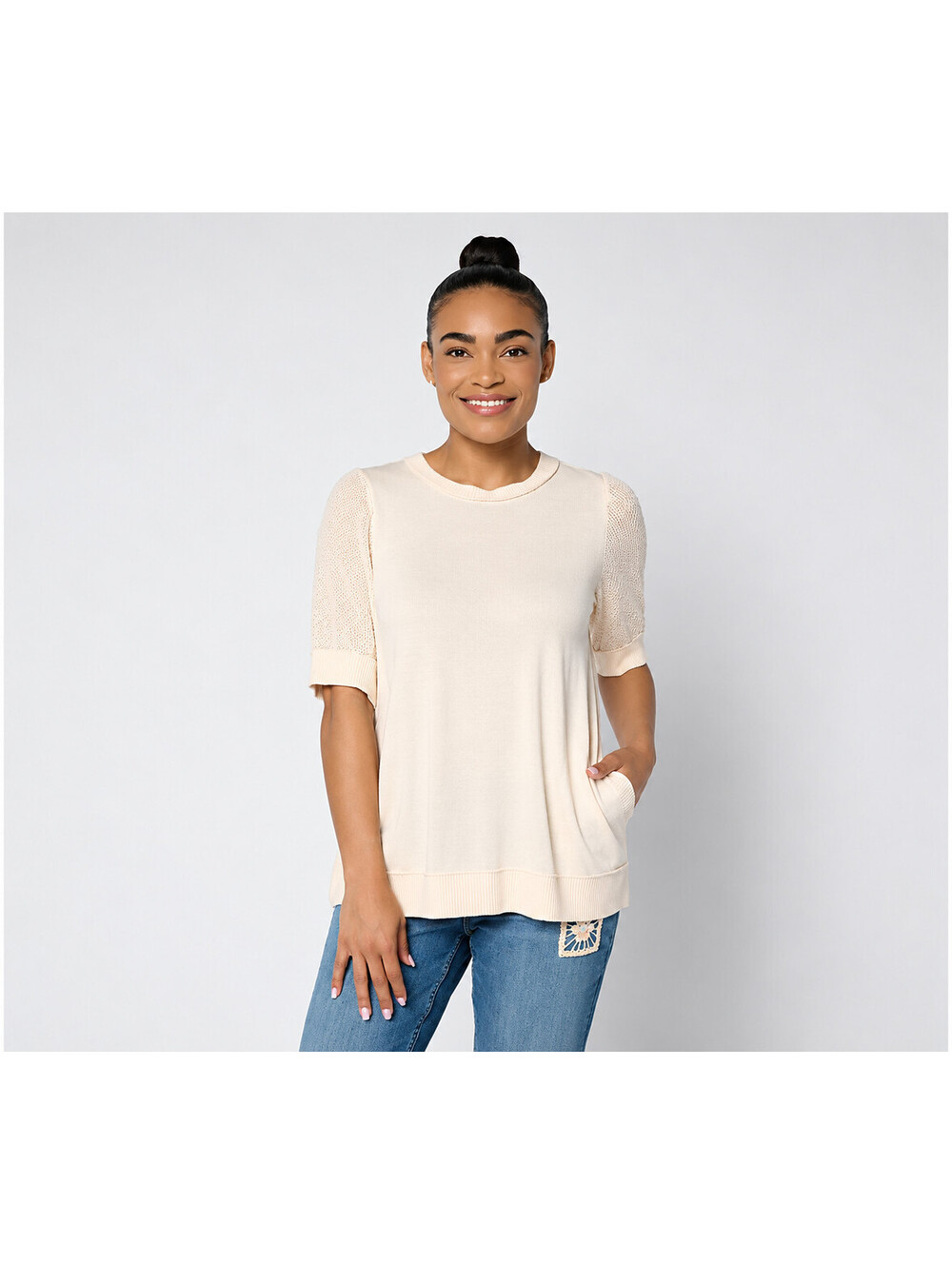 LOGO by Lori Goldstein Rayon Elbow Sleeve Mixed Media Top Tapioca Cream, Medium